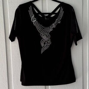 Keomi Black Top‎ Size Large Eembellished Blouse Sheer Sleeves Gem on the back